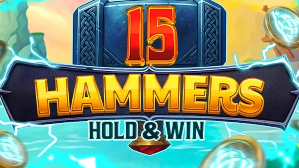 Interface do jogo 15 Hammers: Hold & Win com elementos visuais de martelos e símbolos de bônus.
