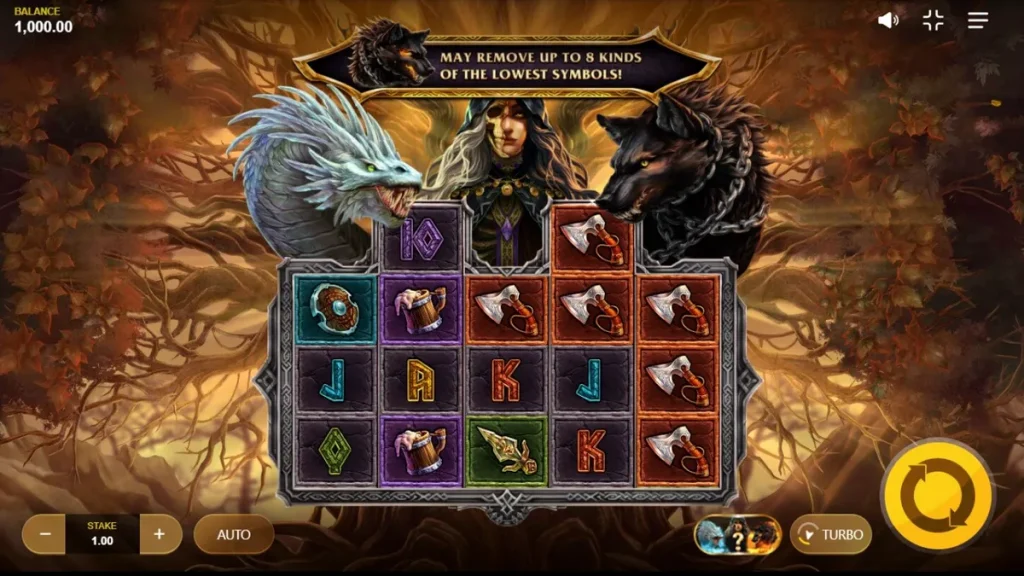 Cena atmosférica do jogo Loki’s Descendants com elementos nórdicos e sombrios
