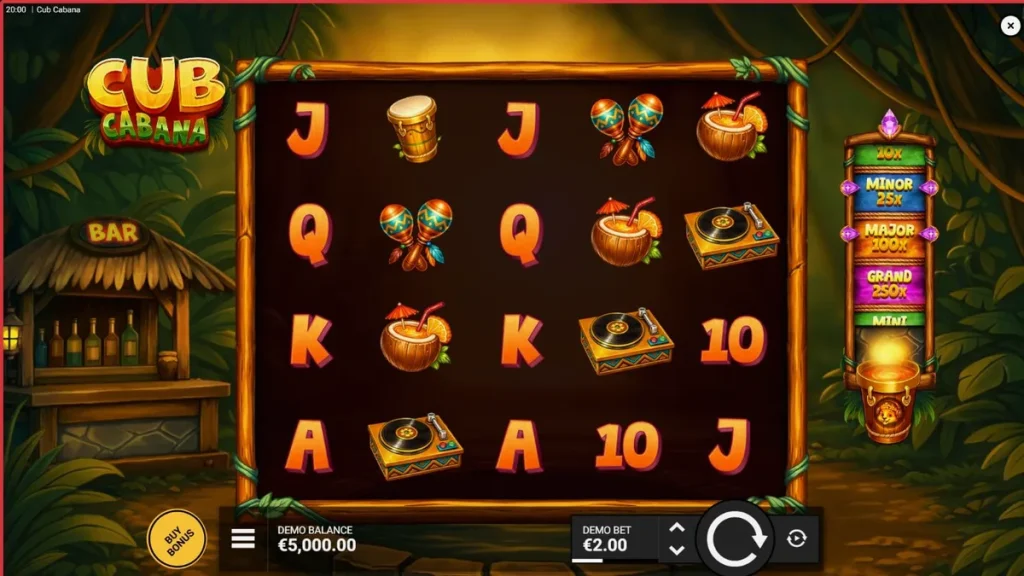 Interface vibrante e tropical do slot Cub Cabana com elementos de festa na praia