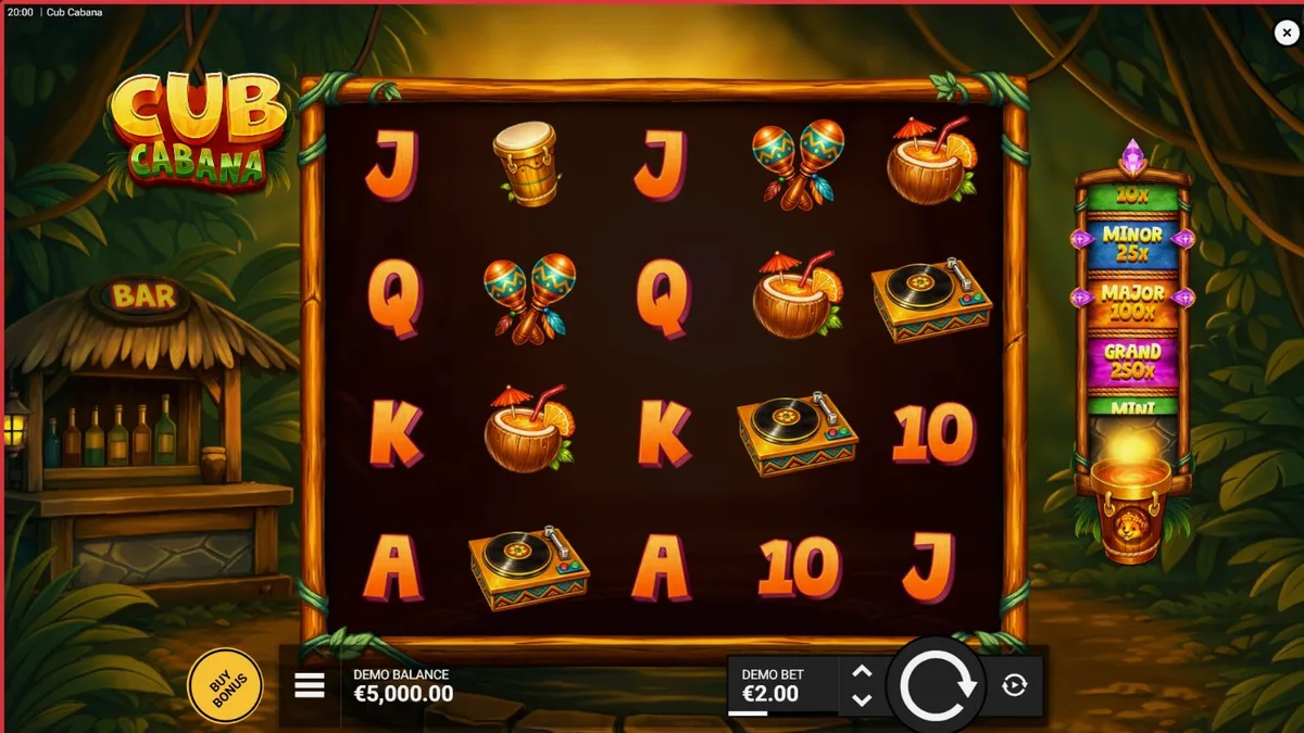 Interface vibrante e tropical do slot Cub Cabana com elementos de festa na praia