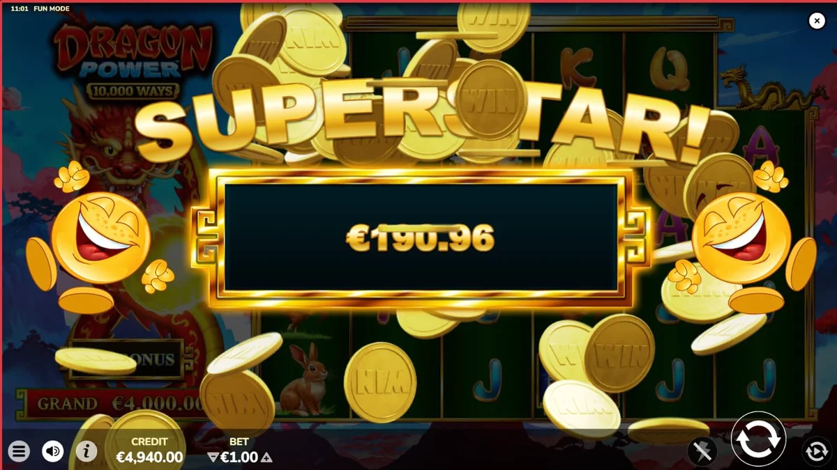 Interface do jogo de slot Dragon Power 10,000 Ways com elementos temáticos asiáticos