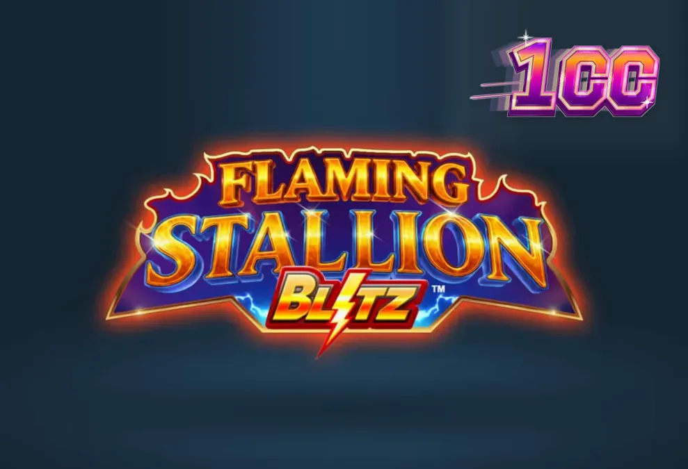 Cena do jogo de slot Flaming Stallion Blitz com o cavalo azul flamejante no deserto